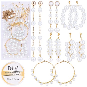 DIY Imitation Pearl Long Drop Earring Making Kit, Including Alloy & Iron & Brass Stud & Hoop Earring Findings, Acrylic & Glass Pearl Beads, 304 Stainless Steel Chains, Copper Wire, Golden