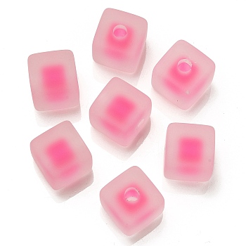 Frosted Acrylic European Beads, Bead in Bead, Cube, Deep Pink, 13.5x13.5x13.5mm, Hole: 4mm