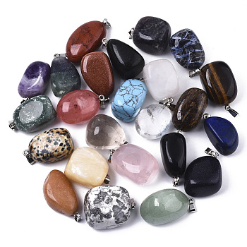 Natural & Synthetic Mixed Gemstone Pendants, with Stainless Steel Pinch Bails, Tumbled Stone, Nuggets, Stainless Steel Color, 28~36x16~24x12~19mm, Hole: 7x2mm