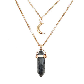 Natural Labradorite Cone Pendant Double Layer Necklace, with Moon Charms, 19.69 inch(50cm)