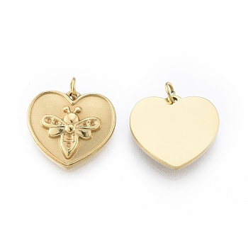 Ion Plating(IP) 304 Stainless Steel Pendant Rhinestone Settings, with Jump Rings, Heart with Bees, Real 14K Gold Plated, Fit for 0.9mm & 1mm Rhinestone, 14x15x2.5mm, Jump Ring: 4x1mm, 2.5mm inner diameter