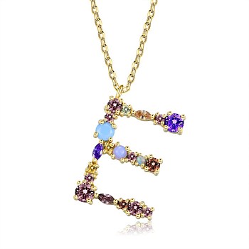 Brass Micro Pave Cubic Zirconia Pendant Necklaces, Initial Necklaces, with Cable Chains, Letter E, Colorful, Golden, 15-3/4 inch(40cm)