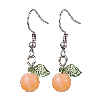 Acrylic Dangle Earrings, with 304 Stainless Steel Earring Hooks, Round with Leaf, Coral, 32.5x12.5mm