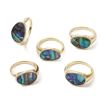 Brass with Abalone Shell Adjustable Rings, Oval, Real 18K Gold Plated, US Size 5 1/4(15.9mm)