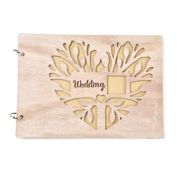 Wooden Wedding Guestbooks Notepad, for Wedding Decoration, Rectangle with Hollow Heart and Word Wedding, BurlyWood, 20x28x0.78cm, about 20sheet/pc
