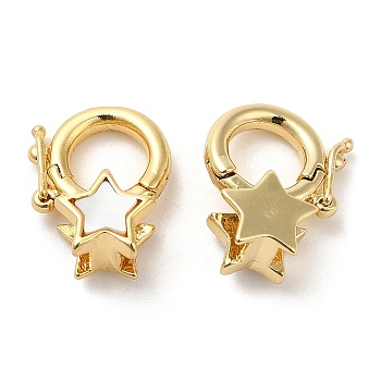 Rack Plating Brass Twister Clasps, with Shell, Cadmium Free & Lead Free, Real 18K Gold Plated, Long-Lasting Plated, Star, 13.5mm, Star: 7x7.5x5.5mm, Hole: 3x3mm