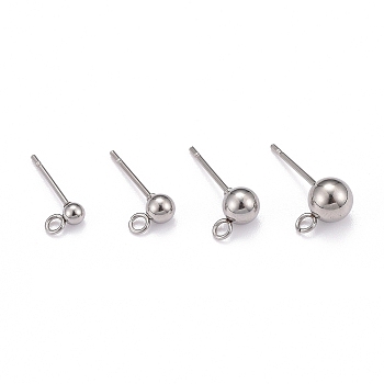 40Pcs 4 Styles 202 Stainless Steel Ball Stud Earring Findings, with 304 Stainless Steel Pins and Loop, Round, Stainless Steel Color, 3mm/4mm/5mm/6mm, 14~17mm, Hole: 2mm, Pin: 0.7mm, 10Pcs/Style