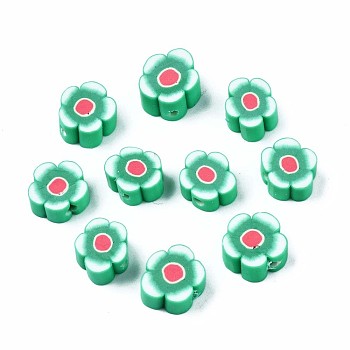 Handmade Polymer Clay Beads, Flower, Medium Sea Green, 7~10x7~11x3~5mm, Hole: 1.6mm