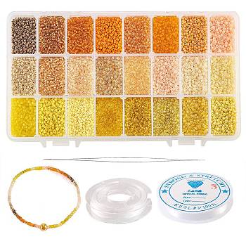 480g 24 Colors 12/0 Glass Round Seed Beads, Silver Lined Round Hole, with 1Pc Beading Needles and 2 Rolls Elastic Crystal Thread, Yellow, 2mm, 20g/color