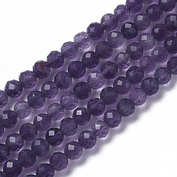 Natural Amethyst Beads Strands, Faceted, Round, 2~3x2~2.5mm, Hole: 0.2mm, about 181~210pcs/strand, 15.9~16.3 inch(40.4~41.5cm)