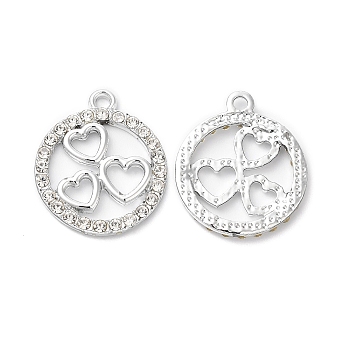Rack Plating Alloy Crystal Rhinestone Pendants, Ring with Heart Charms, Platinum, 22.5x19x2mm, Hole: 2mm