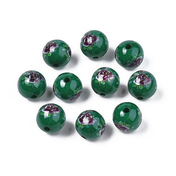 Opaque Printed Acrylic Beads, Round with Flower Pattern, Dark Green, 9x9.5mm, Hole: 1.8mm
