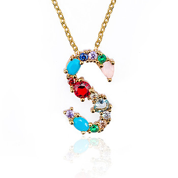 Golden Brass Micro Pave Cubic Zirconia Initial Pendants Necklaces, with Cable Chains, Colorful, Letter, Letter.S, 17.9~18.1 inch(45.5~46cm)x1.5mm, LetterS: 20x12x6mm