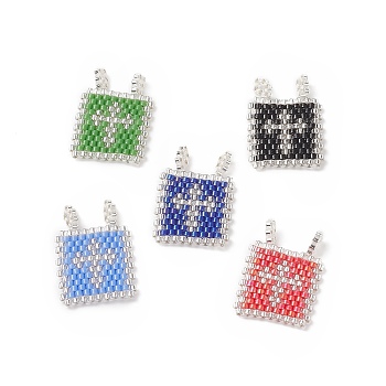 Handmade Loom Pattern MIYUKI Seed Beads, Rectangle with Cross Pendants, Mixed Color, 23x17x1.5mm, Hole: 1.8mm