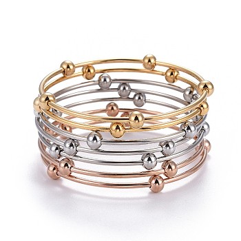 Fashion Tri-color 304 Stainless Steel Bangle Sets, with Round Beads, Multi-color, 2-1/8 inch(5.5cm), 7pcs/set