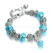 Tibetan Style Alloy & Glass Beaded European Bracelets, Women DIY Beaded Large Hole Ball Charm Bracelets, Antique Silver, Deep Sky Blue(RX0966-1)