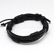 Trendy Unisex Casual Style Waxed Cord and Leather Bracelets, Black, 56mm(BJEW-L298-02)