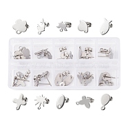 20Pcs 10 Style 201 Stainless Steel Stud Earring Findings, with Horizontal Loops & 304 Stainless Steel Pins and Ear Nut, Oval & Fish & Heart & Flower & Cross & Butterfly & Dolphin Charms, Stainless Steel Color, 8~13.5x6~12mm, Hole: 1~1.6mm, Pin: 0.8mm, 2Pcs/style(STAS-YW0001-70P)