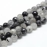 Natural Black Rutilated Quartz Beads Strands, Faceted(128 Facets), Round, 8~9mm, Hole: 1mm, about 45~50pcs/strand, 15.7 inch(G-R447-8mm-03)