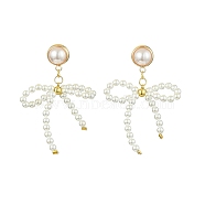Natural Pearl Beaded Bowknot Dangle Stud Earrings, Golden Alloy Drop Earrings, White, 49~50x33~34mm(EJEW-TA00321)