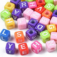 Craft Style Acrylic Beads, Cube with Alphabet, Mixed Color, 6x6x6mm, Hole: 3mm, about 2995pcs/500g(MACR-S272-82)