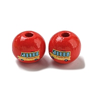 Printed Wood European Beads, Large Hole Beads, Round, Red, 16~16.5x14.5~15mm, Hole: 4mm(WOOD-L020-D15)