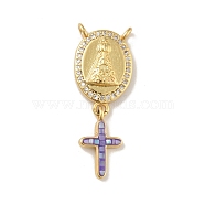 Brass Charms, with Shell, Cadmium Free & Lead Free, Long-Lasting Plated, Oval with Cross, Real 18K Gold Plated, Mauve, 30mm, Hole: 1.5mm(KK-B059-52G-A)