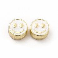 Rack Plating Alloy Enamel Beads, Cadmium Free & Nickel Free & Lead Free, Flat Round with Smiling Face Pattern, Light Gold, White, 7.5x4mm, Hole: 2mm(FIND-G051-01LG-01)