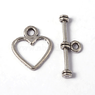 Tibetan Style Alloy Toggle Clasps, Cadmium Free & Nickel Free & Lead Free, Heart, Antique Silver, Heart: 14x12mm, Hole: 1.5mm, Bar: 19mm, hole: 1.5mm, about 1250sets/1000g(TIBEB-S039-037AS-NR)