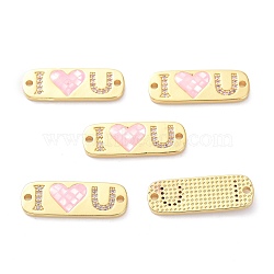 Brass Micro Pave Clear Cubic Zirconia Pendants, Shell Filled in Enamel, Long-Lasting Plated, Rectangle with Word Love, Pink, Real 18K Gold Plated, 9.5x27x3mm, Hole: 1.6mm(KK-D004-21G)