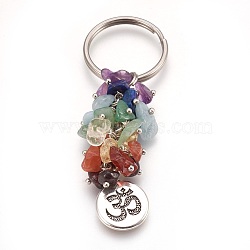 Natural Gemstone Keychain, with Brass Findings, Flat Round with Om Symbol, 77mm, Pendant: 19x15x2mm(KEYC-JKC00163-04)