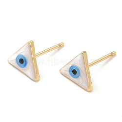 Enamel Triangle with Evil Eye Stud Earrings, Real 18K Gold Plated Brass Jewelry for Women, White, 8x9mm, Pin: 0.8mm(EJEW-E274-04G-09)