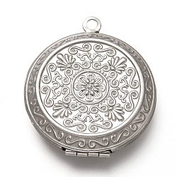 316 Stainless Steel Locket Pendants, Photo Frame Charms for Necklaces, Flat Round with Flower, Stainless Steel Color, 35x31x8mm, Hole: 2.4mm, Inner Diameter: 23mm(STAS-P268-10P)