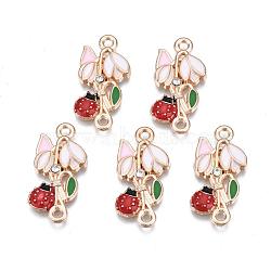 Alloy Rhinestone Links Connectors, with Enamel, Flower with Ladybird, Golden, Colorful, 24x11x2mm, Hole: 1.6mm(PALLOY-S118-49)