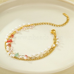 Gemstone Chip with Plastic Pearl Multi-strand Bracelets for Women, Golden, 6-1/4 inch(16cm)(BJEW-G739-01G)