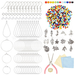 DIY Ocean Theme Earring Making Kit, Including Alloy & 304 Stainless Steel  Charms, Pliers, Iron Earring Hooks, Brass Hoop Earring Findings, Conch & Lobster & Starfish & Mermaid, Mixed Color, 862Pcs/box(DIY-AR0003-30)