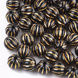 Plating Acrylic Corrugated Beads, Metal Enlaced, Round, Black, 9.5~10mm, Hole: 2mm(X-PACR-T006-23A-01)