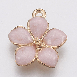 Zinc Alloy Enamel Pendants, Flower, Golden, Pink, 16.5x14.5x2.5~3mm, Hole: 1.5mm(X-PALLOY-I124-10G-A)