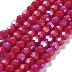 Opaque Glass Beads Strands, Faceted, Round, Crimson, 8x7~7.5mm, Hole: 1.2mm, about 65~67pcs/strand, 19.49~19.69''(49.5~50cm)(EGLA-A035-P8mm-L16)