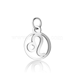 304 Stainless Steel Charms, with Jump Rings, Polished, Flat Round with Constellation, Leo, 13x11x1mm, Hole: 2.5mm(STAS-T036-T513-A5)