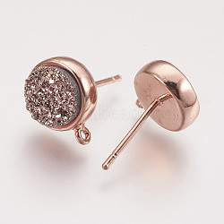 Brass Ear Stud Findings, with Druzy Resin Cabochon and Loop, Flat Round, Rose Gold, Rosy Brown, 12.5x10mm, Hole: 1mm, Pin: 0.7mm(KK-P145-J03-RG)