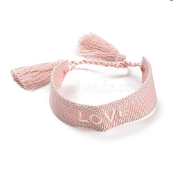 Word Love Polycotton(Polyester Cotton) Briaded Bracelet with Tassel Charm, Flat Adjustable Wide Wristband for Couple, Pink, Inner Diameter: 2~3-1/8 inch(5~8cm)(BJEW-F429-07)