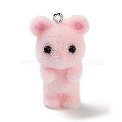 Flocking Resin Pendants, 3D Mouse Charms with Platinum Tone Iron Loops, Pink, 36x21x18mm, Hole: 2mm(RESI-Z028-05A)