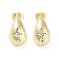 Teardrop Rack Plating Brass Cubic Zirconia Stud Earrings for Women, Long-Lasting Plated, Lead Free & Cadmium Free, Real 18K Gold Plated, Cross, 19x11mm(EJEW-B047-02G-03)