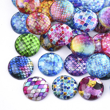 Flatback Glass Cabochons for DIY Projects, Dome/Half Round with Fish Scale Pattern, Mixed Color, 12x4mm