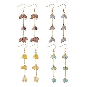 Natural Mixed Gemstone Chips Dangle Earrings, Real 18K Gold Plated 304 Stainless Steel Tassel Earrings, 88~90mm