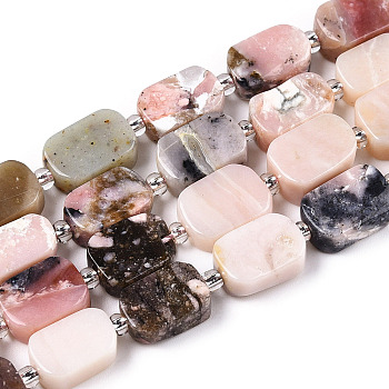 Natural Pink Opal Beads Strands, with Seed Beads, Rectangle, 11.5~12x7~7.5x4.5~5.5mm, Hole: 0.8mm, Seed Beads: 3x3x2, Hole: 0.8mm, about 14pcs/strand, 7.68''(19.5cm)
