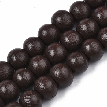 Painted Natural Wood Beads Strands, Round, Coconut Brown, 10x8~9mm, Hole: 2~3mm, about 41~42pcs/strand, 13.98 inch~14.61 inch(35.5~37.1cm)