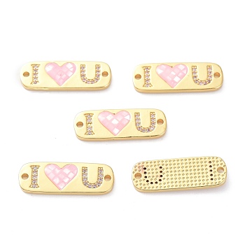 Brass Micro Pave Clear Cubic Zirconia Pendants, Shell Filled in Enamel, Long-Lasting Plated, Rectangle with Word Love, Pink, Real 18K Gold Plated, 9.5x27x3mm, Hole: 1.6mm