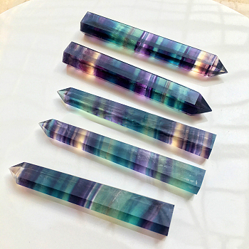 Natural Colorful Fluorite Pointed Prism Bar Home Display Decoration, Healing Stone Wands, for Reiki Chakra Meditation Therapy Decos, Faceted Bullet, 90~100mm